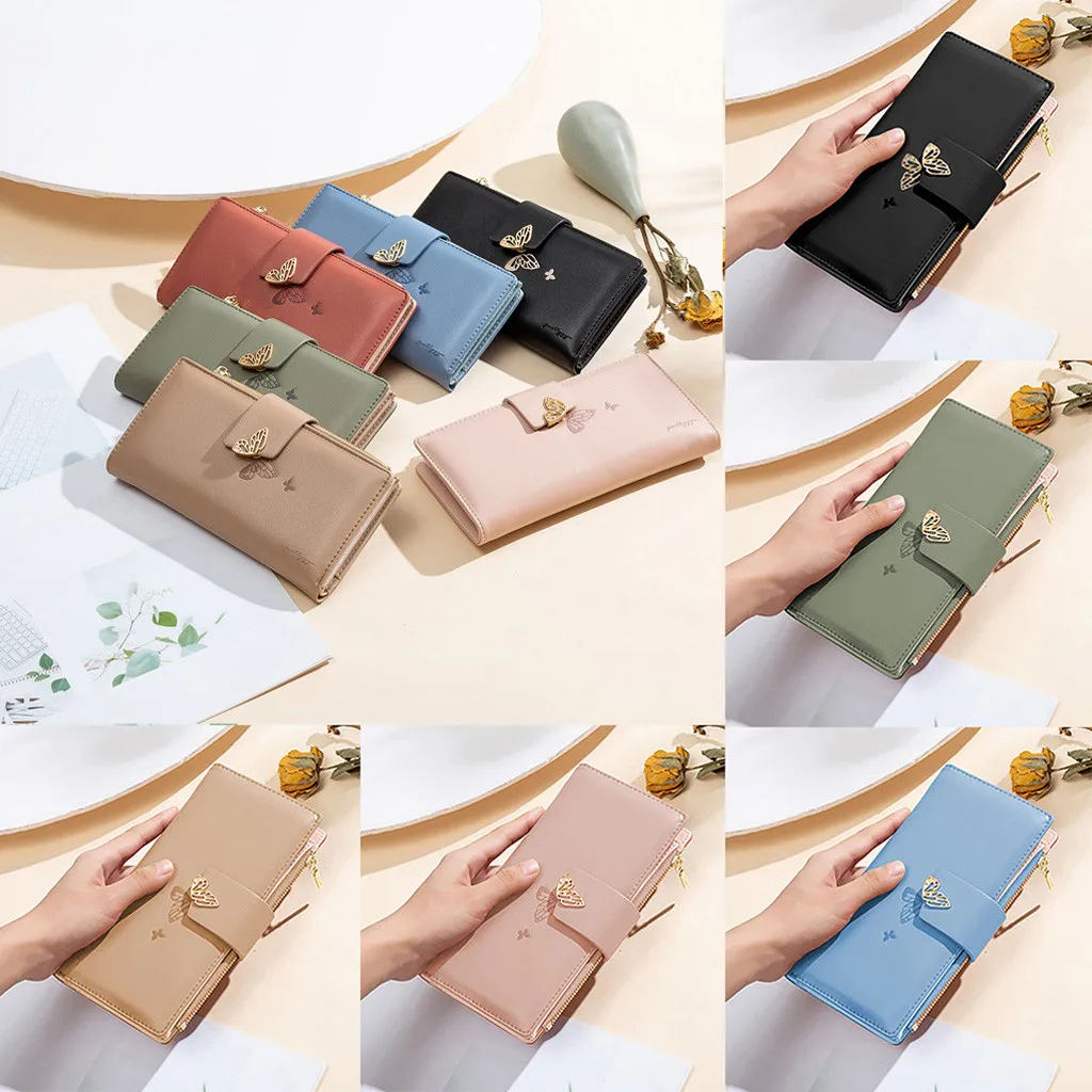 

Women's Wallet Zipper Buckle Long Butterfly Buckle Wallet Coin Purse Card Holder Purse Fashion Pure Color Wallet 2020