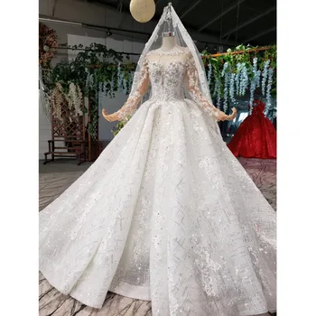 شراءBGW HT41124 فساتين زفاف طويلة الأكمام الوهم س الرقبة الخرز كريستال الصين فساتين زفاف في تركيا رداء دي ماري