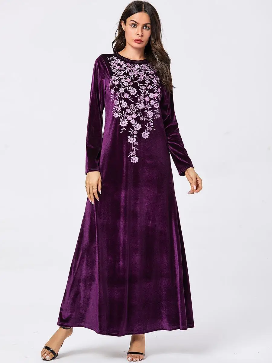Мусульманское женское бархатное платье с длинными рукавами abaya Дубай вышивка