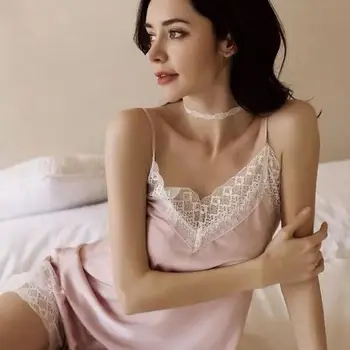

2pcs 2020 Sexy lace Women Pajamas Sets Silk Satin Sleepwear Suit Solid Sleeveless Pajamas Leisure Nightwear Summer Lingerie Cami