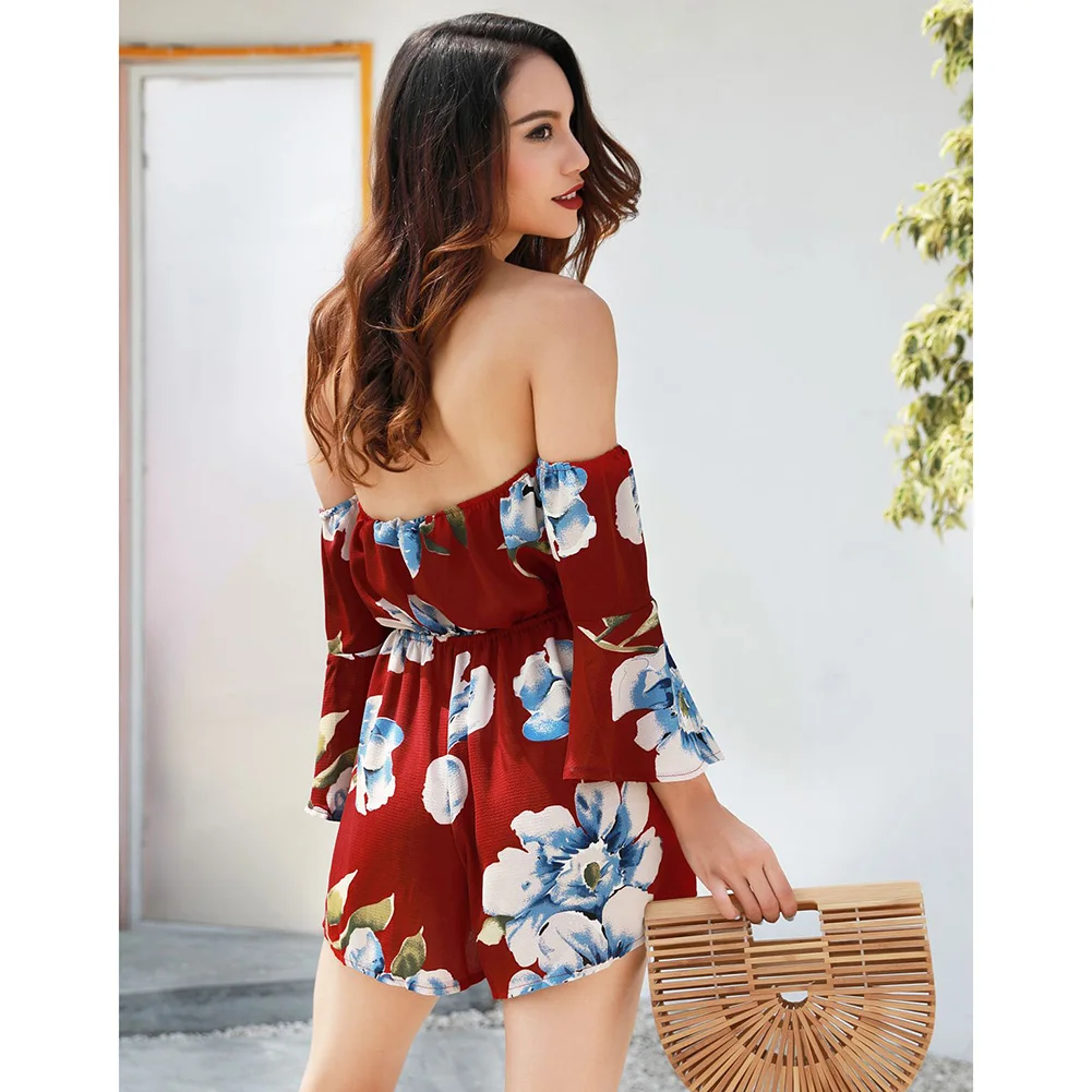 Casual Summer Floral Print Rompers Womens Jumpsuits Sexy Off Shoulder Beach Overalls Bodysuit Women Playsuit Macacao Feminino