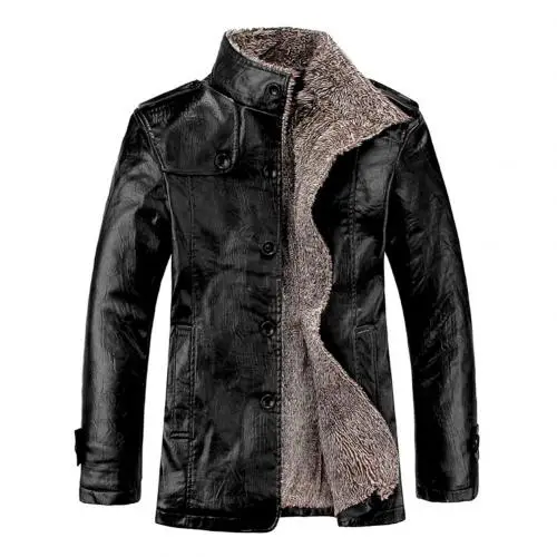 Черный Мужская зимняя куртка 8XL со стоячим воротником из искусственной кожи на пуговицах с карманами, мужские куртки из флиса размера плюс, теплая куртка - Цвет: Черный