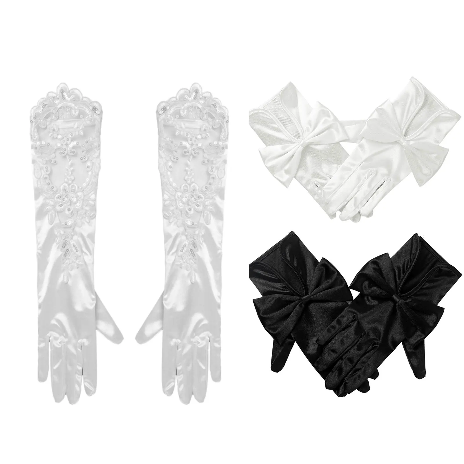 

2Pcs Wedding Gloves Lace White Bow Short Satin Gloves Wedding Accessories Lace Satin Long Bridal Gloves Flower Girl White Gloves