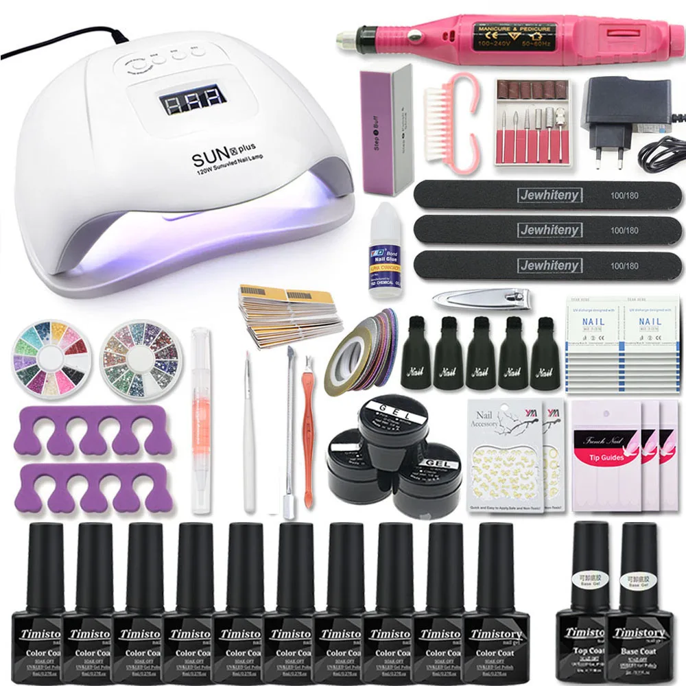 Nail Kit Manicure Set 120W/80W/54W UV Lamp With 10 PCS Gel Varnish Drill Machine Art Tool Top Base Coat | Красота и здоровье