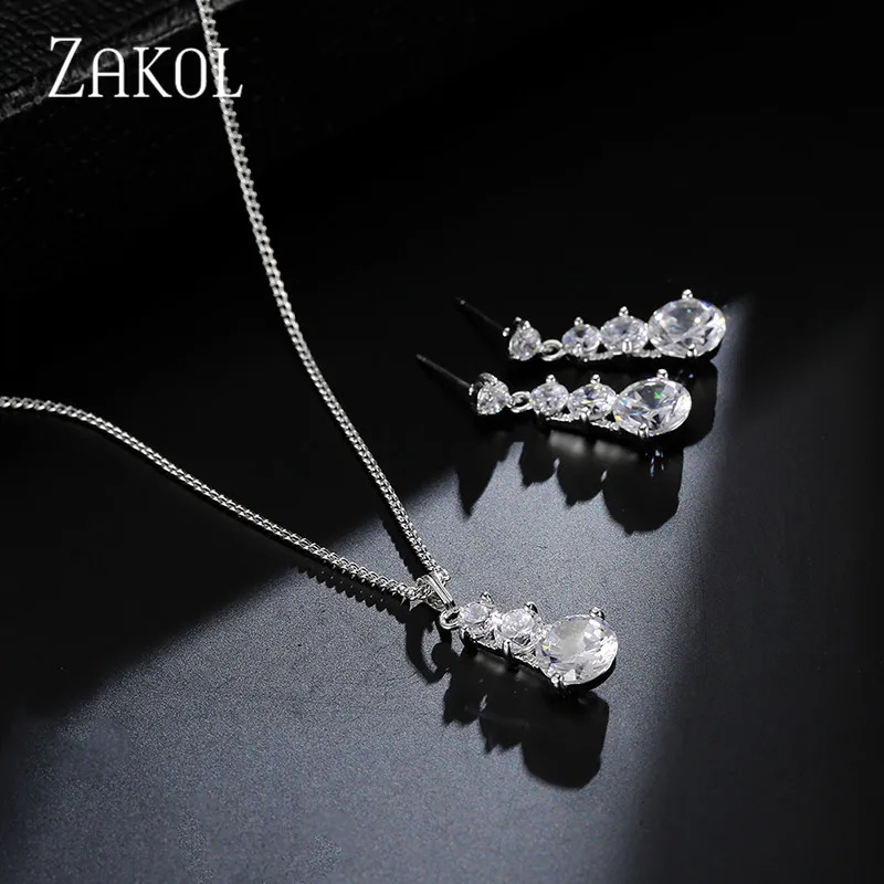Набор романтических прозрачных 3 круглых висячих сережек и ожерелья с кубическим цирконием ZAKOL, свадебные украшения для женщин, свадебный ужин FSSP029