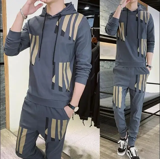 42 dark grey Новинка, камуфляжный Мужской комплект, повседневная полосатая куртка, модный мужской спортивный костюм из 2 предметов, Спортивная толстовка с капюшоном, костюм со штанами - Цвет: 42 dark grey