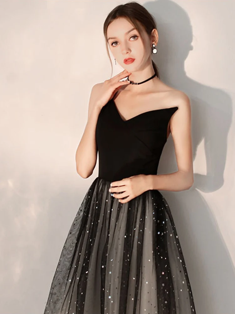 Skyyue Cocktail Dress One Shoulder Sleeveless Sequined Black Cocktail Dress Pleat Knee-Length Crepe Robe Cocktail Gown E707