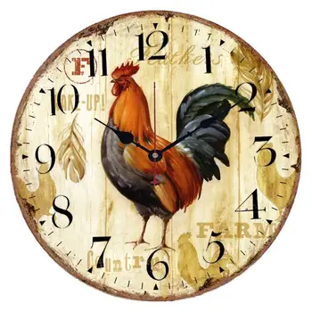 

Retro Wooden Wall Clock Rooster Vintage Rustic Non-Ticking Silent Quiet Decor