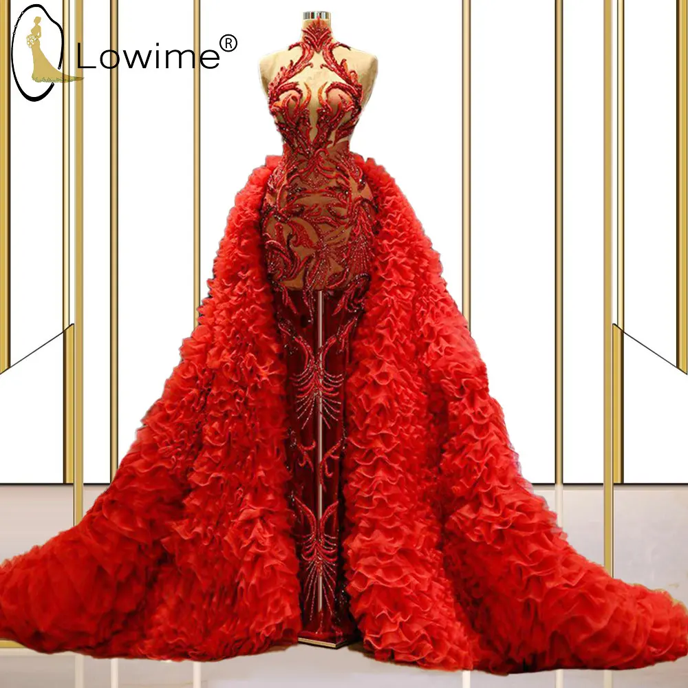 

Red Illusion High Neck Long Straight Evening Dresses with Detachable Train Beads Prom Party Gowns Robe Femme Longue Fete