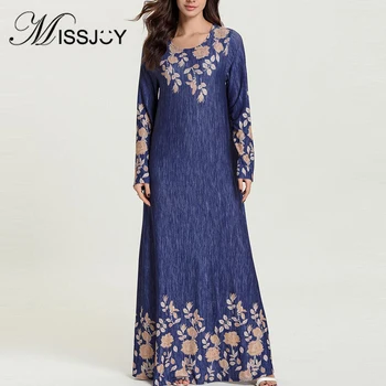 

MISSJOY Fashion Loose Printed O-Neck Muslim Women Dresses Plus Size Abaya 2019 Elegant Female Malaysia Casual Long Sleeves Blue