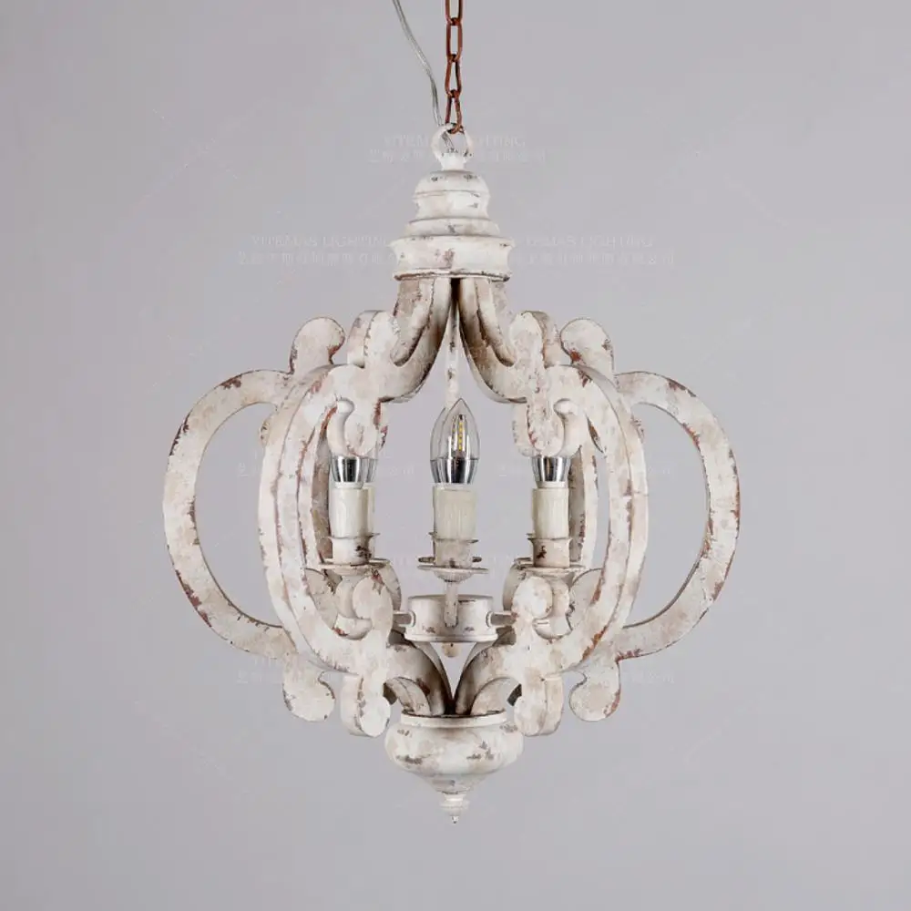 Винтажная люстра из белого дерева Подвесной деревянный светильник 6 лампочек во