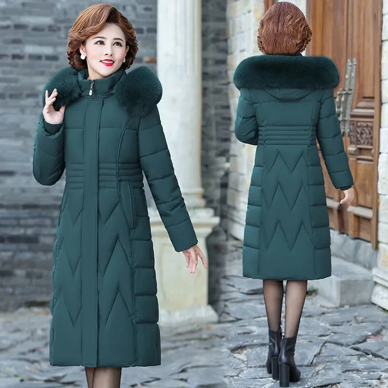 

Middle-aged Womens Long Winter Big Pocket Hooded Windproof Down Jacket With Fur Collar Oversize Down Cotton Coat Down Parkas 5XL