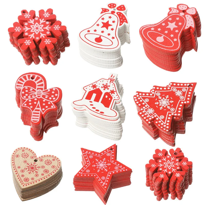 18PCS/Lot DIY White&Red Christmas Wooden Pendants Noel Ornaments For Kids Christmas Gifts Xmas Tree Ornaments Decorations