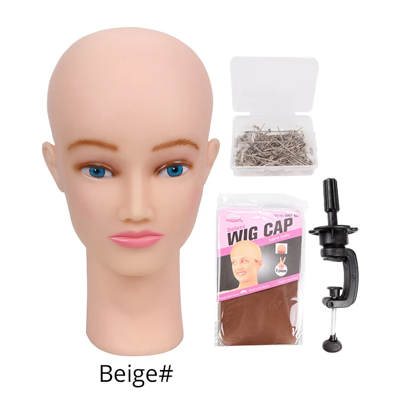 Beige T Wig Hat Display Black White 2 Colors Available Female Pvc Mannequin Head Practice Traning Manikin Bald Head With Clamp T-Pins - Цвет: Beige T