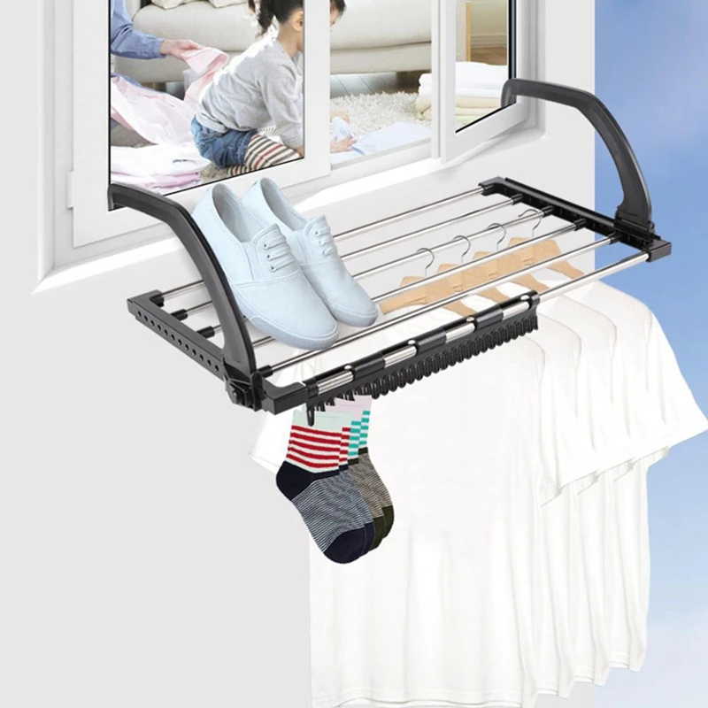  Folding Telescopic Balcony Drying Shoe Rack Multiple Hook Adjustment Clothes Rack Outdoor Storage R