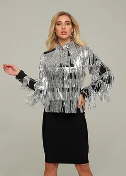 

High Quality Bodycon Sexy Dress Long SLeeve Fashion Elegant Celebrity Evening Party Dress Silver Tassel Night CLub Dress