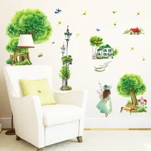 Пасторальный Стиль деревня зеленый Красота пленка с изображением дерева экологически чистые съемные Гостиная настенное украшение, настенное наклейки XL7082