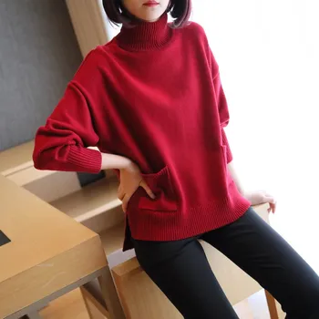 

Turtleneck Thickened Knitted Red Sweater Women's Autumn Winter Knitwear 2019 Korean Loose Cover Long Sleeve Sweater Top