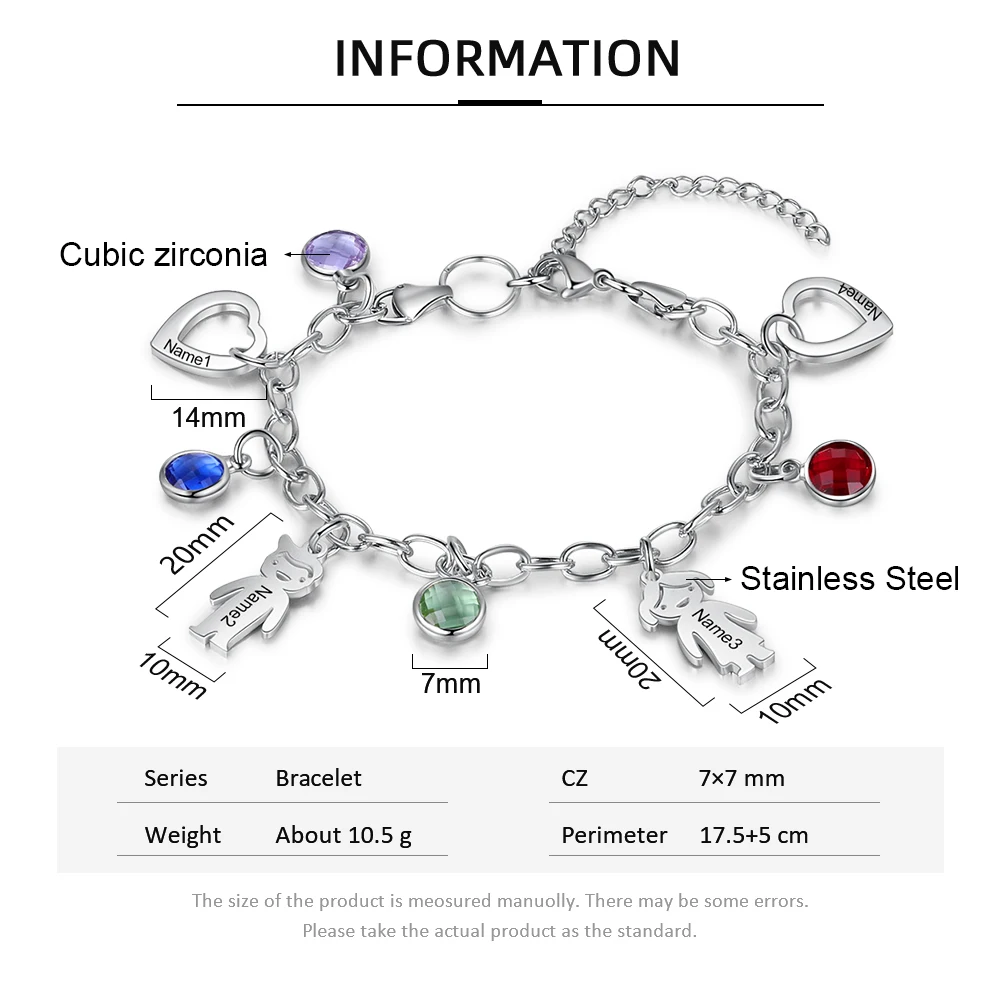 JewelOra Personalized Engraved Name Boy Girl Heart Charm Bracelets for Women Custom 4 Birthstone Stainless Steel Chain Bracelet