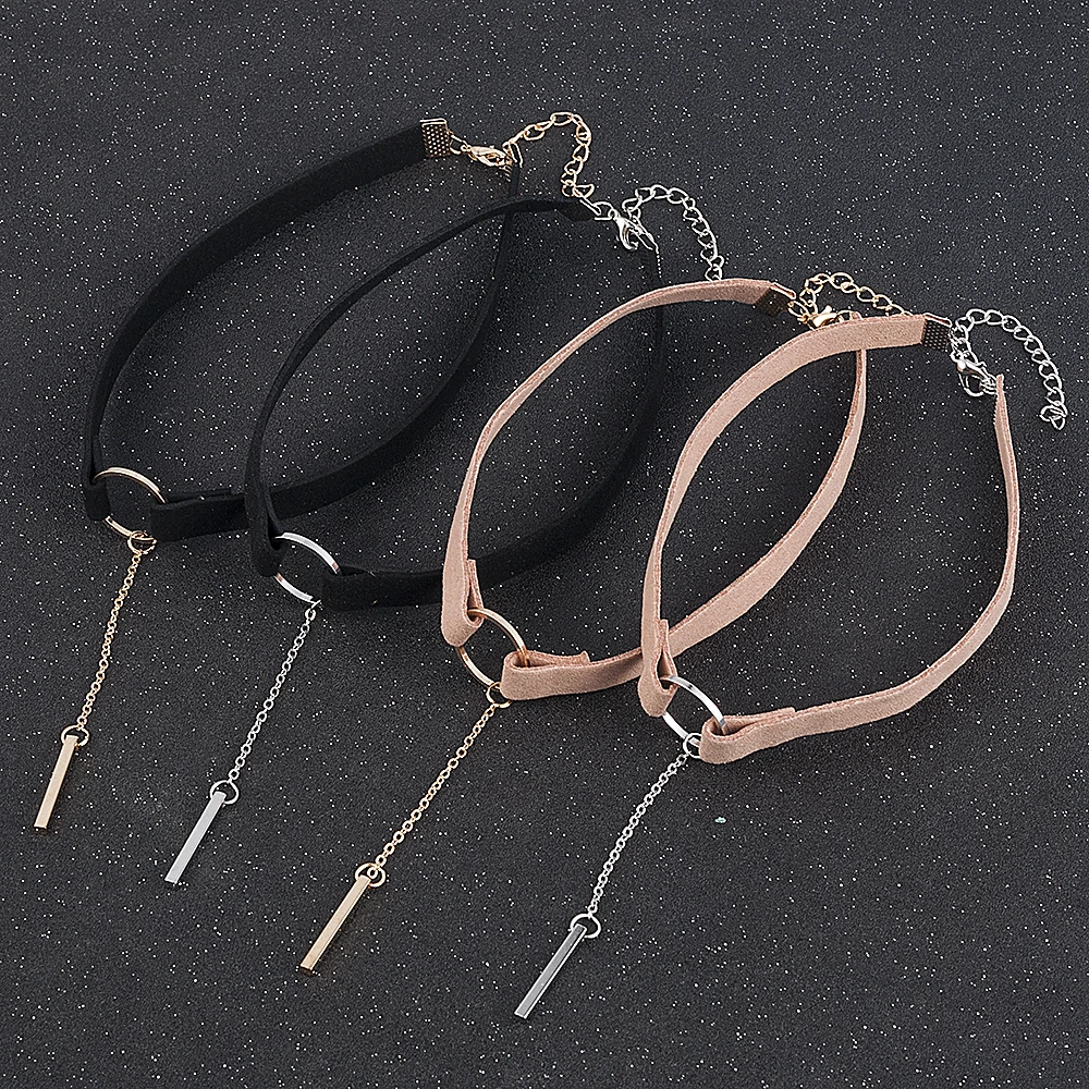 90’S Punk New Fashion 4 Colors Leather Choker Necklace Gold Color Geometry With Round Pendant Collar Necklace For Women Girls