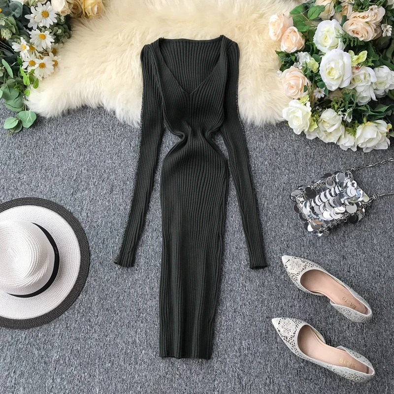 ALPHALMODA женское осеннее сексуальное трикотажное платье в полоску с глубоким v-образным вырезом и длинными рукавами, однотонное эластичное женское платье