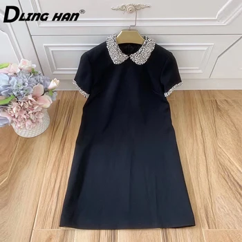 

DLINGHAN Fashion Black Dress Women's luxury Diamonds Turn-down Collar Short Sleeve party Dresses Summer Designer New