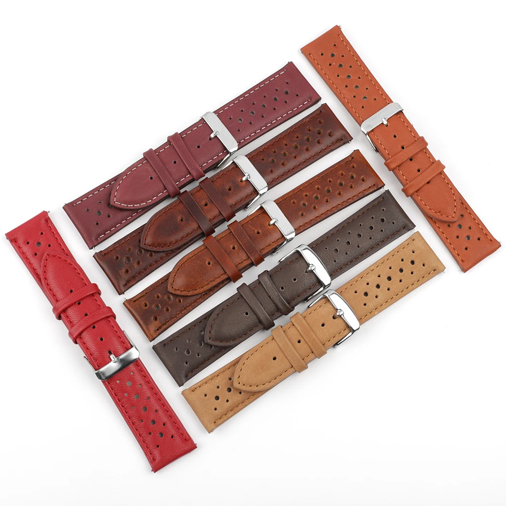 Genuine Leather Watch Strap 18mm 19mm 20mm 22mm 24mm Breathable Porous Wristband Watch Bracelet Handmade Stitching Watchbands