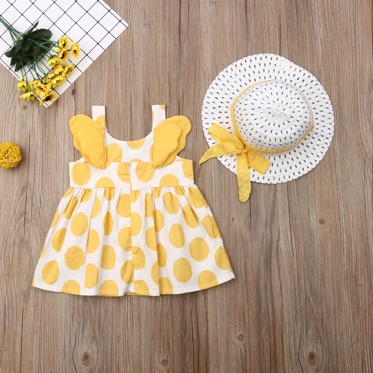 Коллекция года, летняя одежда для малышей милое платье в горошек с крыльями для новорожденных девочек+ шапочка, праздничная одежда сарафан без рукавов из 2 предметов