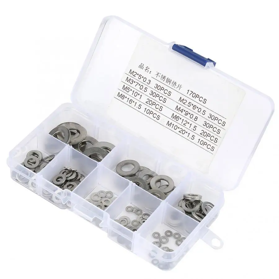 170 шт./компл. из нержавеющей стали плоский ассортимент шайб набор с коробкой M2/M2.5/M3/M4/M5/M6/M8/M10 резиновая шайба
