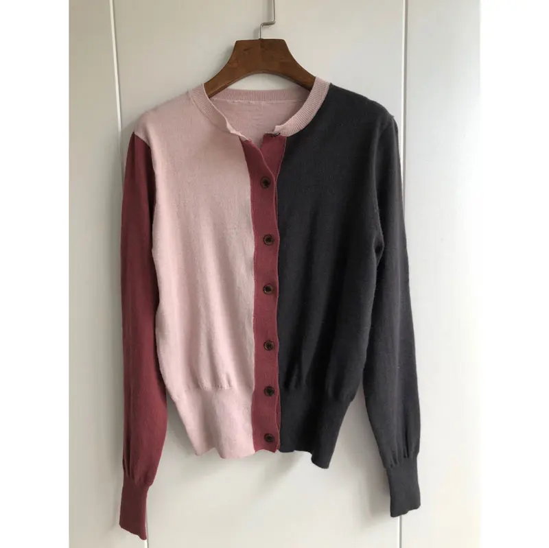 ^*Best Offers Women Sweater Tri-Color Color Block Cardigan Knit Long-Sleeve Cardigan
