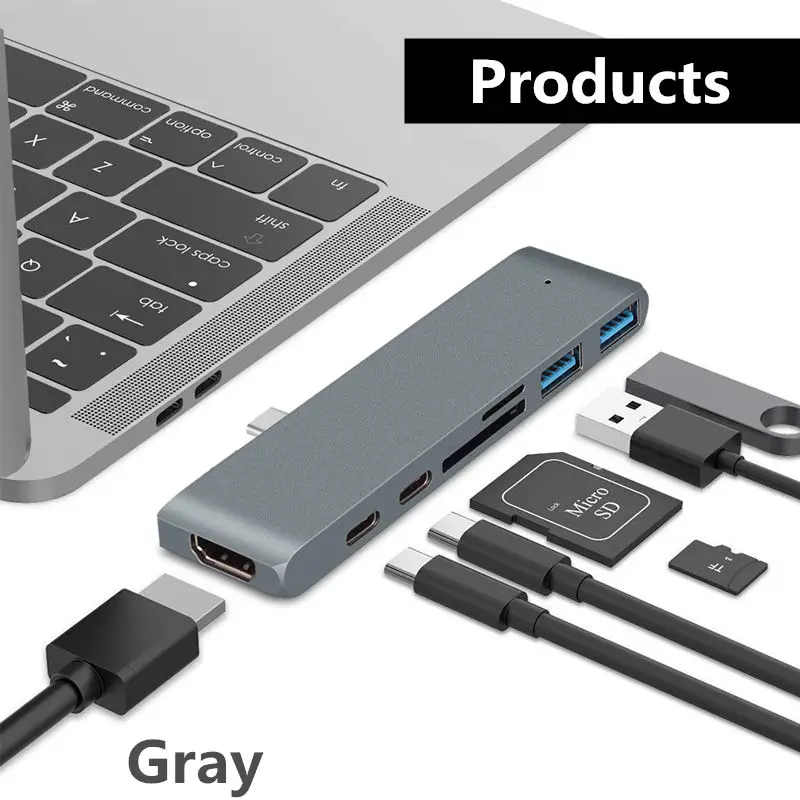 Док-станция с разъемом USB 3,0, док-станция для ноутбука, HDMI 4 K, HD кабель, usb-C, PD, зарядка, SD, TF, кард-ридер для samsung, huawei, iMacBook - Цвет: Gray