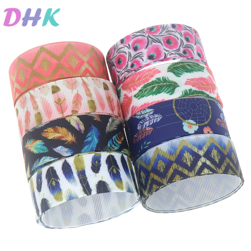 DHK 10 ярдов перо Трайбл Шеврон Печатный Grosgrain ленточный аксессуар бант для волос