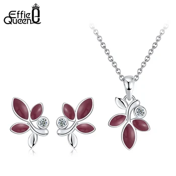 

Effie Queen Romantic Purple Enamel Leaf Shape Jewelry Series Necklace +Earring 925 Silver Lady Jewelry Gift Dropshipping SS84