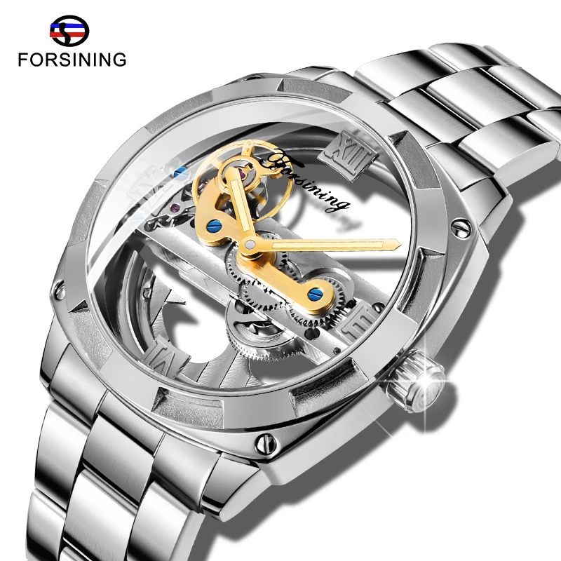 

Fashion Brand FORSINING Men's Automatic Mechanical Wirstwatches Luxury Full Sliver Design Luminous Hands Skeleton Male Clock
