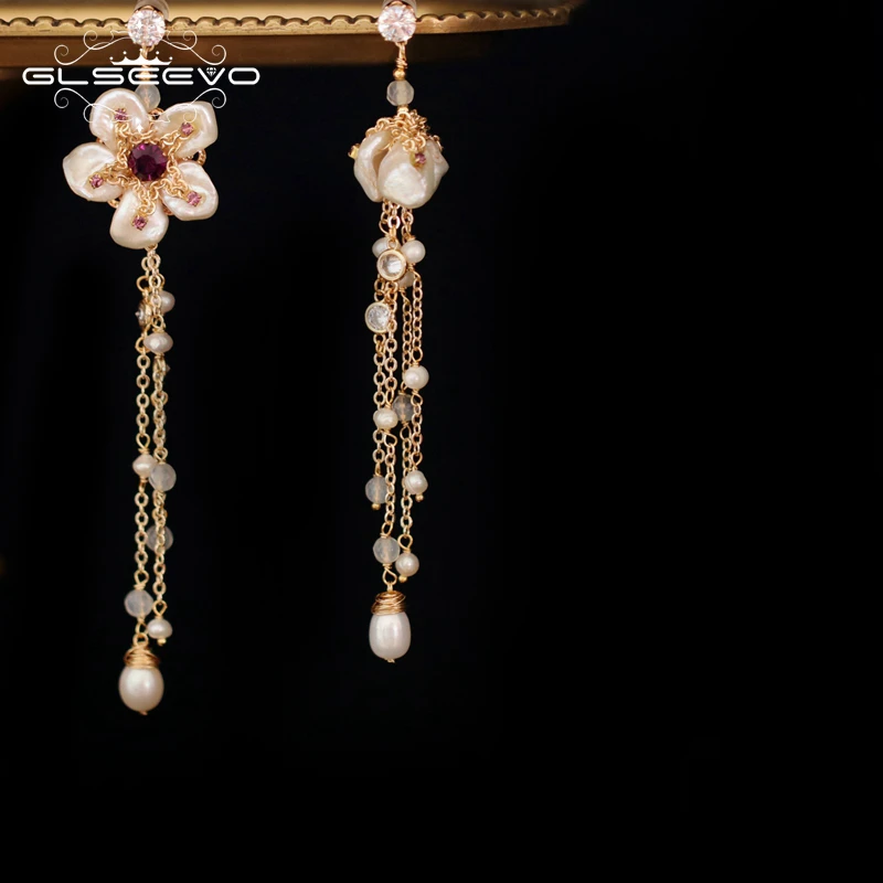 

GLSEEVO Natural Fresh Water Pearl Asymmetrical Flower Drop Earrings For Women Long Tassel Dangle Earring Handmade Jewelry GE0875