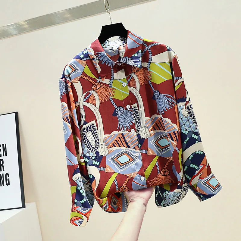 

Spring Autumn Women's Blouse New Retro Slimming All-match Printed Shirt Korean Style Long-sleeved Casual Female Tops LL303