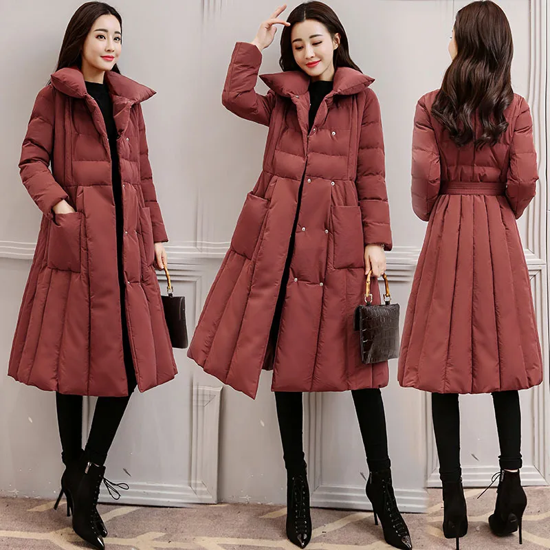 

2018 Winter Long Sleeve Thick Mid-length Sweet Solid Color Cotton-padded Clothes