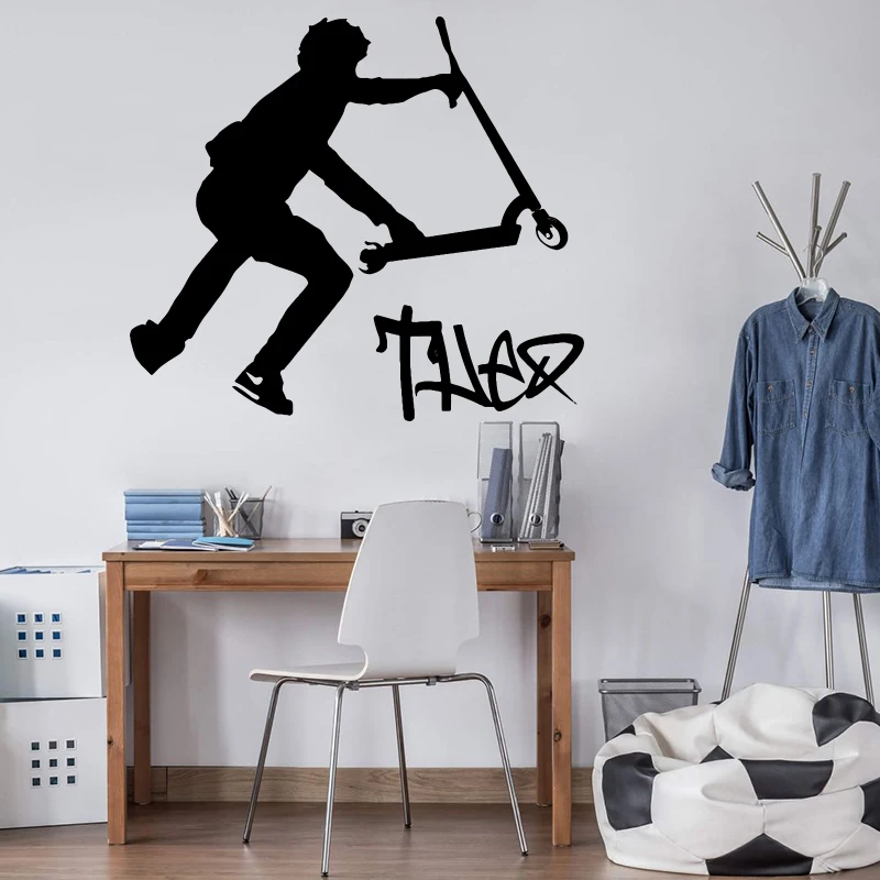 Custom Name Stunt Scooter Sport Wall Sticker Boy Room Bedroom Personalized Name Scooter Stunt Wall Decal Playroom Vinyl Decor (1)