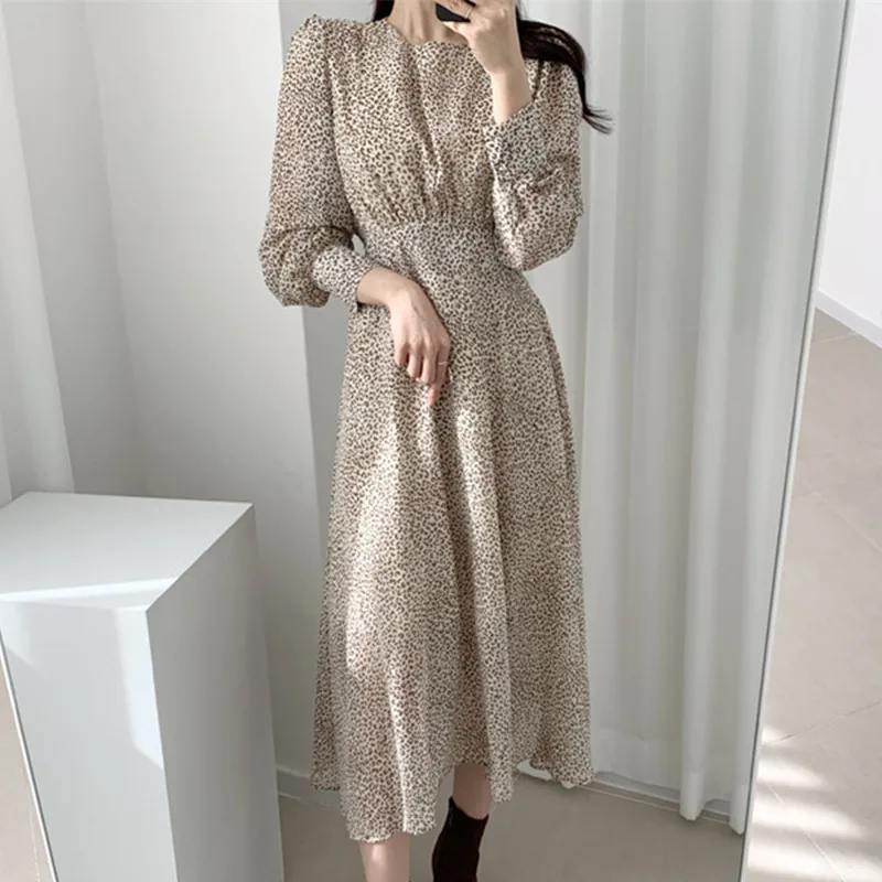 Новинка 2020 весеннее элегантное женское платье шифоновое с поясом Леопардовый