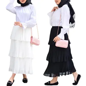 

Muslim Women Tiered Layered Long Skirt Elastic High Waist Mesh Maxi Skirt Islamic Abaya Arab A Line Skirts Ruffle Skirts Bottoms