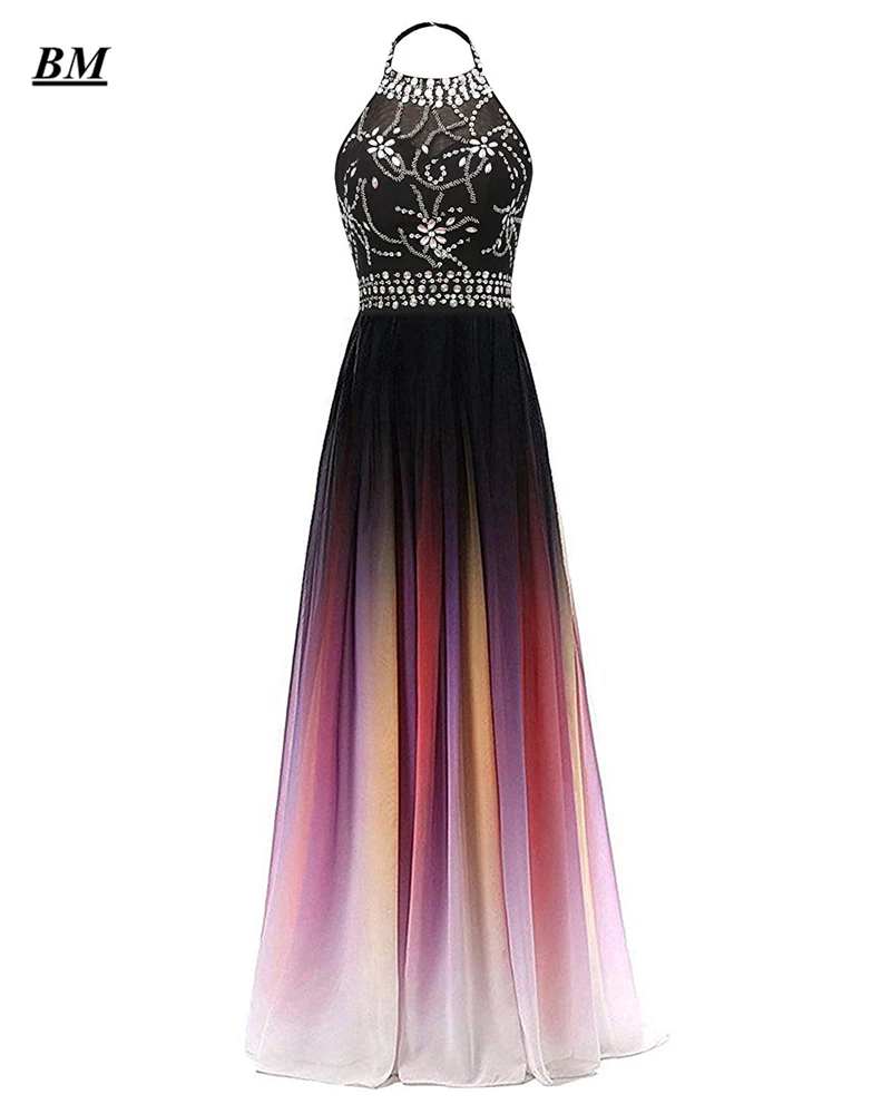 

A-line HalterOmbre Prom Dresses 2019 Chiffon Sequins Beading Long Gradient Formal Evening Dress Party Gown Vestidos De Gala BM11