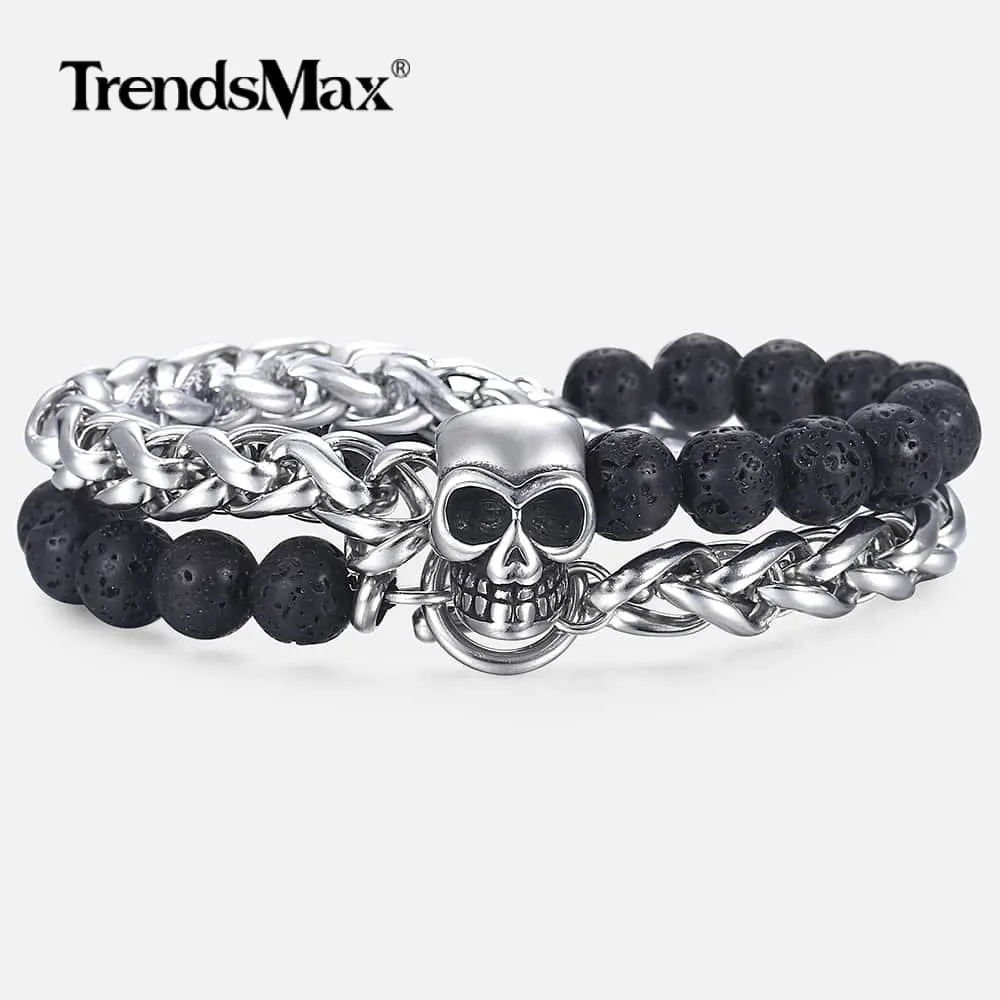 8mm Lapis Lazuli Tiger Eye Stone Men's Beaded Bracelet Stainless Steel Wheat Link Bracelet Male Wristband Gifts for Men DBM46