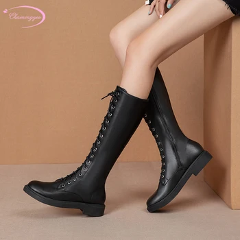 

Cosplay style comfortable round toe knee high boots fashion lace-up zipper black low-heeled chunky motorcycle boots women shoes