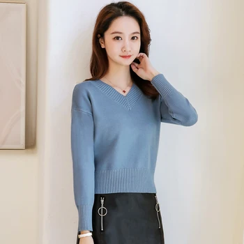 

V-neck Women's Sweater Padded Pullover Short Bottoming High Waist Sweater Solid Color Commuting Office Lady Pullovers Winter