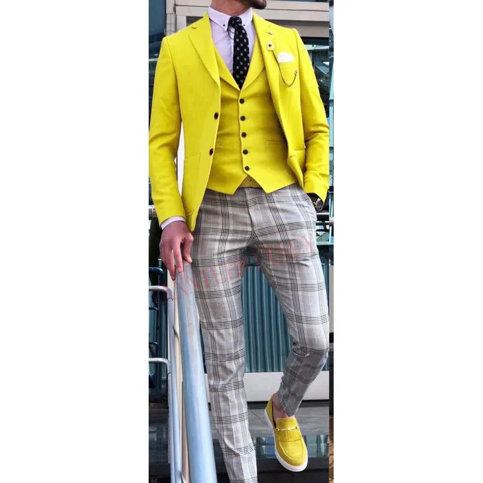 2020 Yellow Mens Suits 3 Pieces Male Tuxedo Slim fit Casual Summer Stylish Suit for Men Custom Plus Size Jacket Vest Pants Set | Мужская