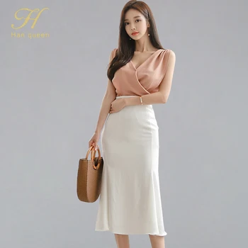 

H Han Queen 2019 Summer New Women OL Work Wear Two Pieces Suits Ruched Drap V-neck Blouses And High Waist Mermaid Bodycon Skirts