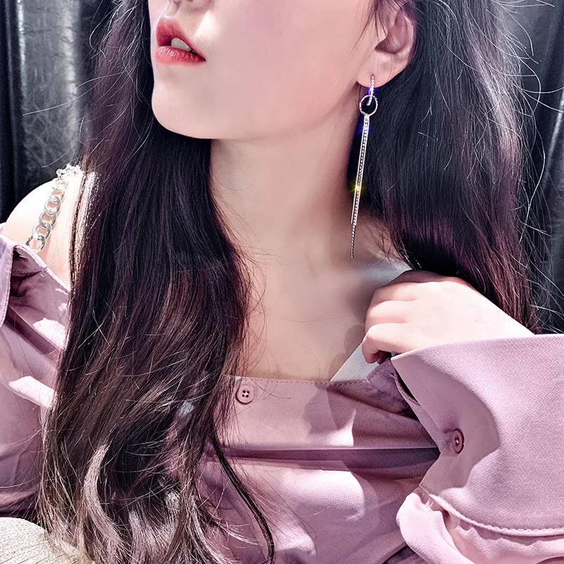 DREJEW Korean Long Tassel Statement Circle Earrings 925 Gold Silver Blue Rose Alloy High Street Fashion Drop Earrings for Women