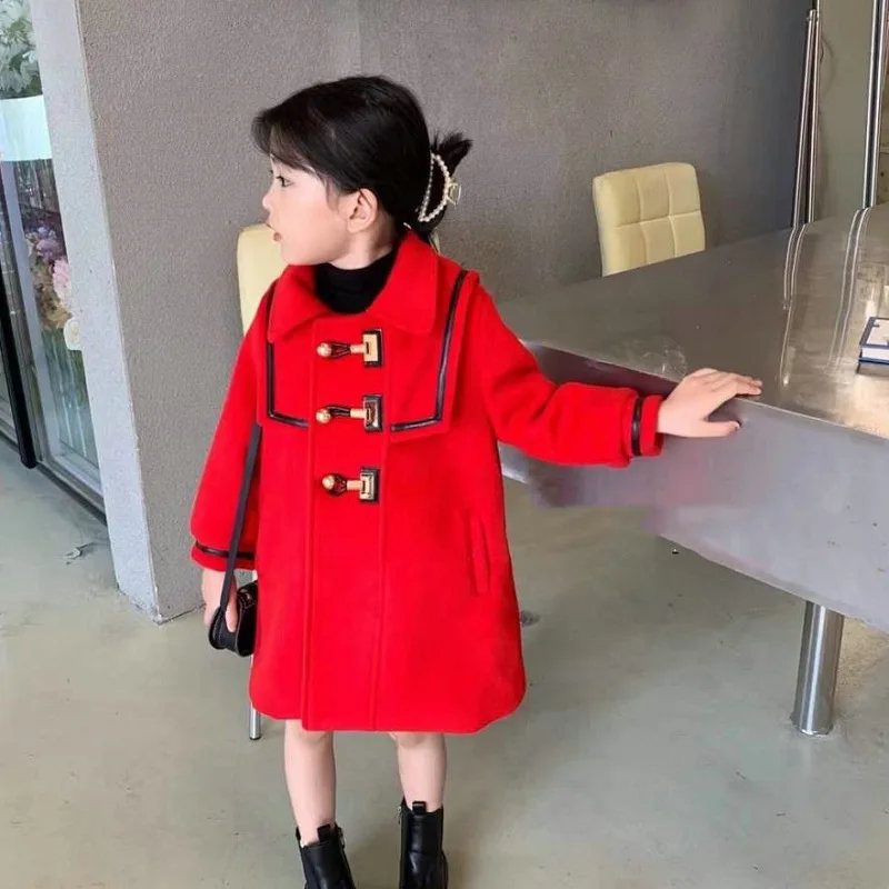 Fashion Girls Kids Winter Woolen Coat Red For Christmas New Year Long Coats Baby Children Thick