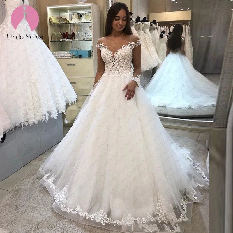 Vestido De Noiva Тюлевое свадебное платье трапециевидной формы прозрачное декольте с длинными рукавами, пуговицы, свадебные платья, халат De Mariee на заказ
