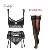 Varsbaby thin cotton push up lace lingerie sexy gather bra set 4 piece bra+panties+garter+stockings underwear set for women ► Photo 3/6